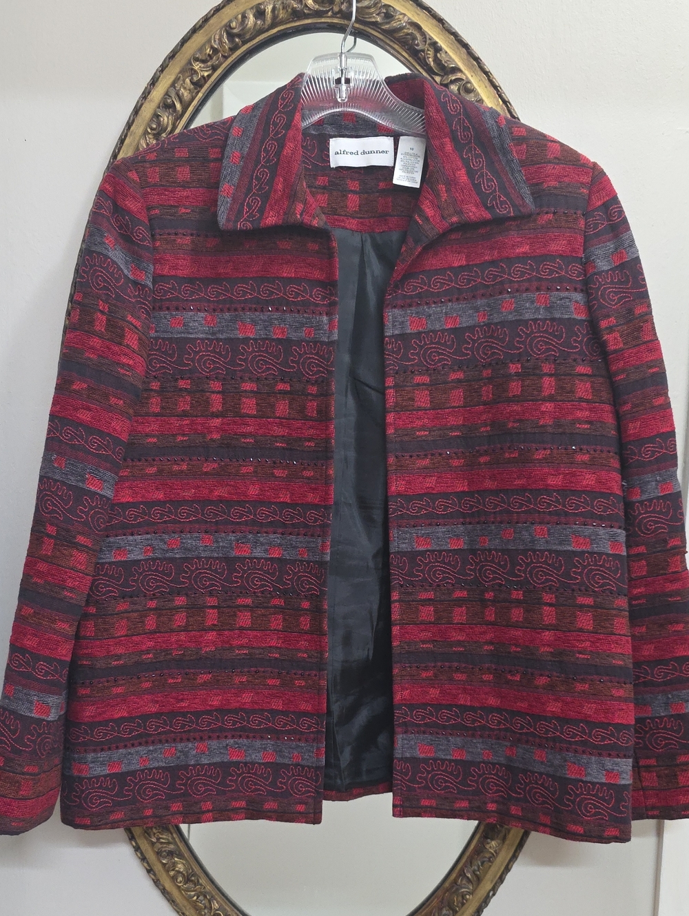 Alfred Dunner Red Burgudy Gray Patterned Beaded Open-Front Jacket Size 10 Women